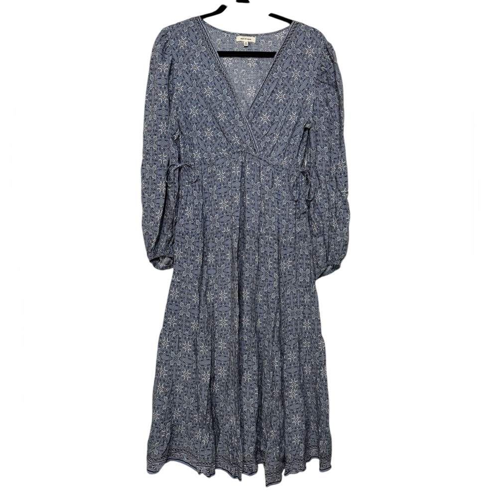 Max Studio Blue Floral Wrap Ruffle Prairie Modest Midi Dress Size Small Wedding